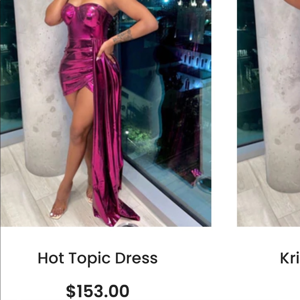 Purple strapless metallic dress with train